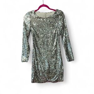Papaya Silver Sequin Long Sleeve Mini Dress – Y2K Glam Party Cocktail Dress